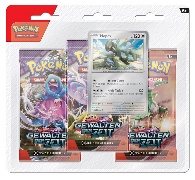 Pokémon Sammelkartenspiel Karmesin & Purpur Gewalten der Zeit 3-Pack Bilster Mopex Deutsch
